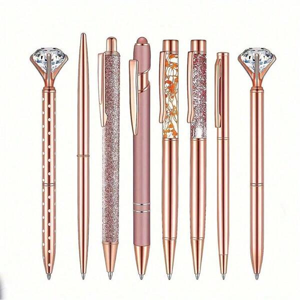 Set de 3/5/8 bolígrafos con bola de oro rosa, bolígrafos con brillo de arena líquida, bolígrafos de metal con cristales de strass, tinta negra, regalo para niñas, boda, artículos de oficina, de vuelta a la escuela