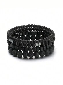 4Pcs/Set Volcanic Stone Wood Beads Multi-Layer Men's Bracelet Combination Set Elastic Bracelet