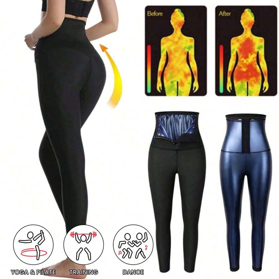 1條高腰無縫緊身褲桑拿出汗褲瑜伽緊身衣,帶有彈性腰band和3排鉤眼扣,運動褲全層桑拿褲女性出汗褲 - 藍色 - 查看 1