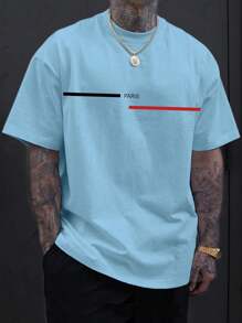 Camiseta Masculina PARIS FAIXA Gola Redonda Manga Curta Para O Verao - Azul - Visão 1