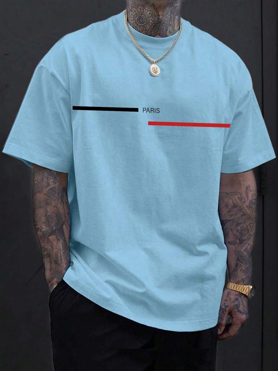 Camiseta Masculina PARIS FAIXA Gola Redonda Manga Curta Para O Verao - Azul - Visão 1