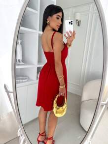 Women's Short Plain Dress With Crossover Detail And Elastic - 紅色 - 查看 3
