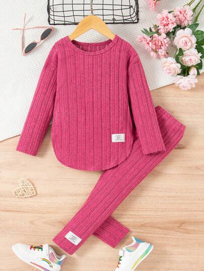 Young Girl Simple Solid Ribbed Long Sleeve Shirt And Pants Set