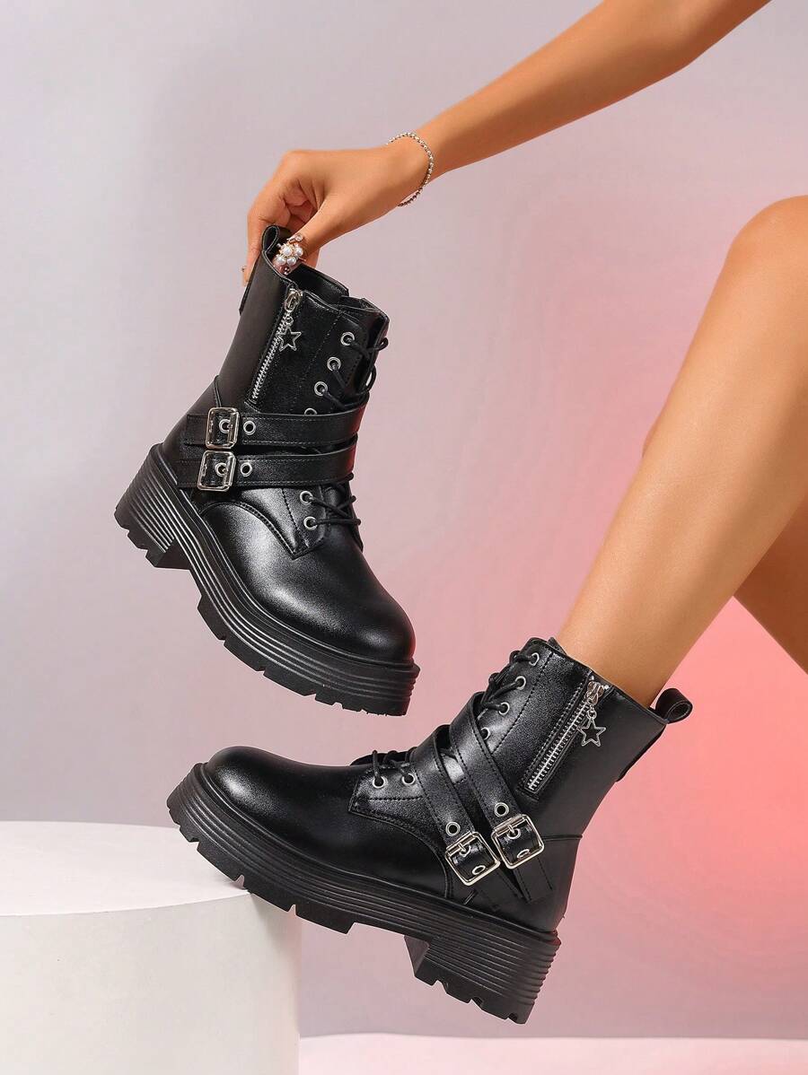 Botines de plataforma con cordones negros con elemento metálico para mujer, botas cortas de suela gruesa casual, nuevos zapatos de otoño e invierno