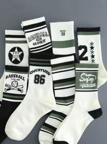 5 Pairs Assorted Breathable Moisture Wicking Mid-Calf Socks For Men, Fashionable Letter Print & Colorblock Design, Suitable For Autumn, Fall