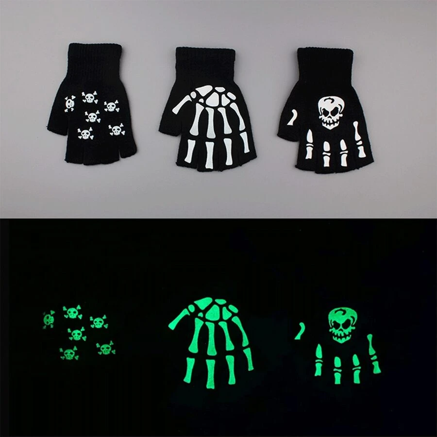 1 件骷髅爪针织露指手套夜光自行车手套，男女通用秋冬款 - 黑色 - 查看 1