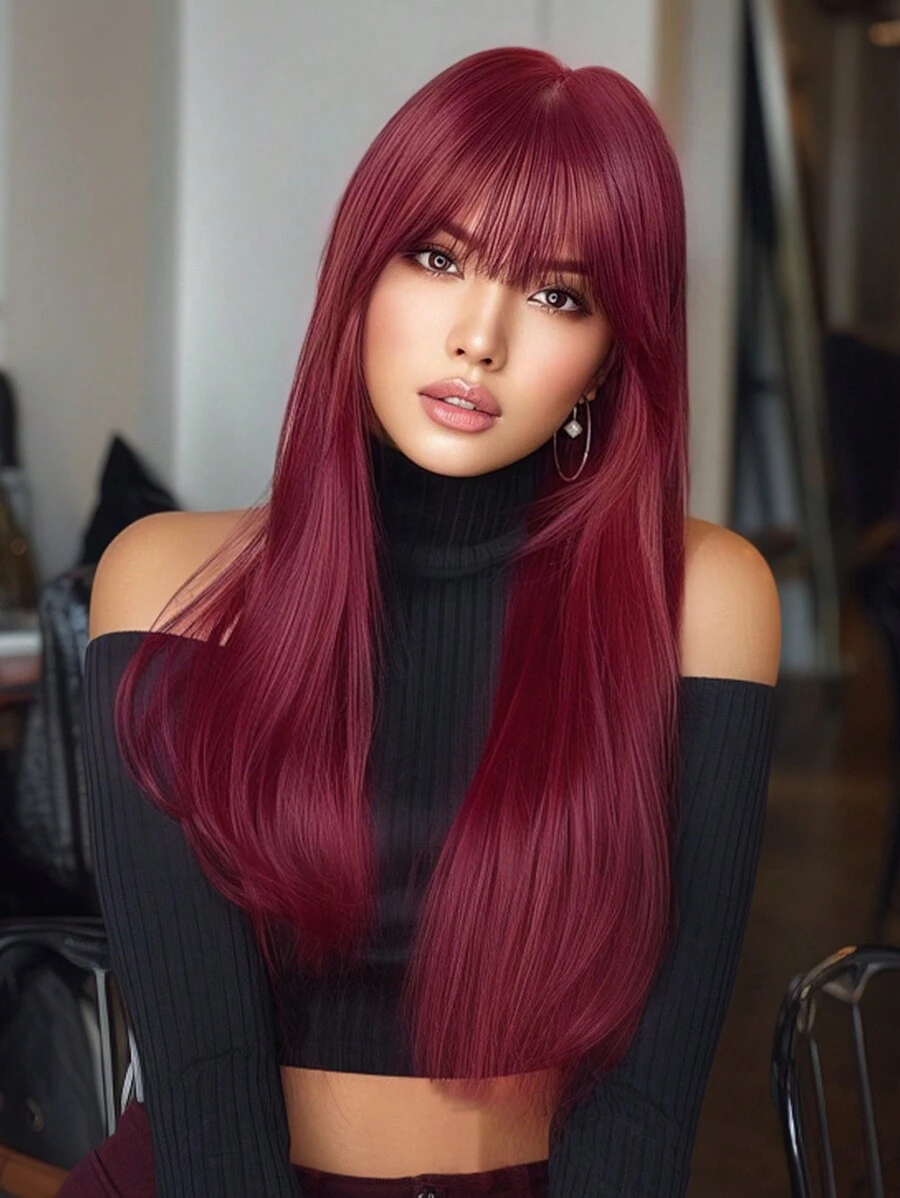 Tóc giả HAIRCUBE 24 inch màu nâu nổi bật và đỏ có mái tóc dài thẳng cho phụ nữ Tóc giả tổng hợp tuyệt đẹp, phong cách, dùng cho tiệc tùng hàng ngày - Màu Đỏ Sâu - Xem 1