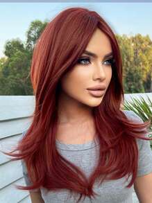 Peluca sintética medio recto con tupe - Burdeos - Ver 3