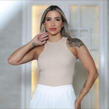 Plain Knit Casual Tank Top & Shirt CROPPED RIBANA - 米色 - 查看 1