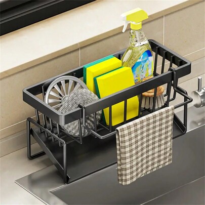 1pc ABS/Stainless Steel Sink Drain Basket, Kitchen Sponge Holder & Towel Rack, Bathroom Liquid Soap Dispenser Storage Shelf
