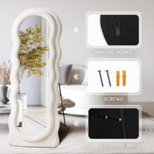 Full Length Mirror Irregular Full Body Mirror Wall Mounted Floor Mirror With Stand Pink Flannel Frame Leaning Hanging Wall Mirror For Bedroom Entrance - 波浪象牙色 - 查看 2