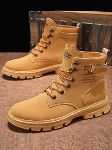 男士冬季雪地靴2024黑色高帮休闲靴户外厚底皮革防水摩托车运动鞋系带百搭时尚登山鞋 - 卡其色 - 查看 6