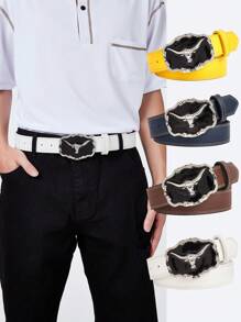 1 pieza Hebilla de metal con cabeza de toro vintage de moda negra para hombre, cinturón estampado en varios colores, accesorio versátil para vaqueros