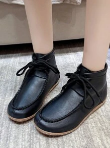 Women's Comfortable Ankle Boots, Casual Stitching Thick Line Round Toe Lace-Up Soft Sole Bohemian Style Black & Apricot Leather Thermal Lined New Boots For Fall Winter - Black - View 1