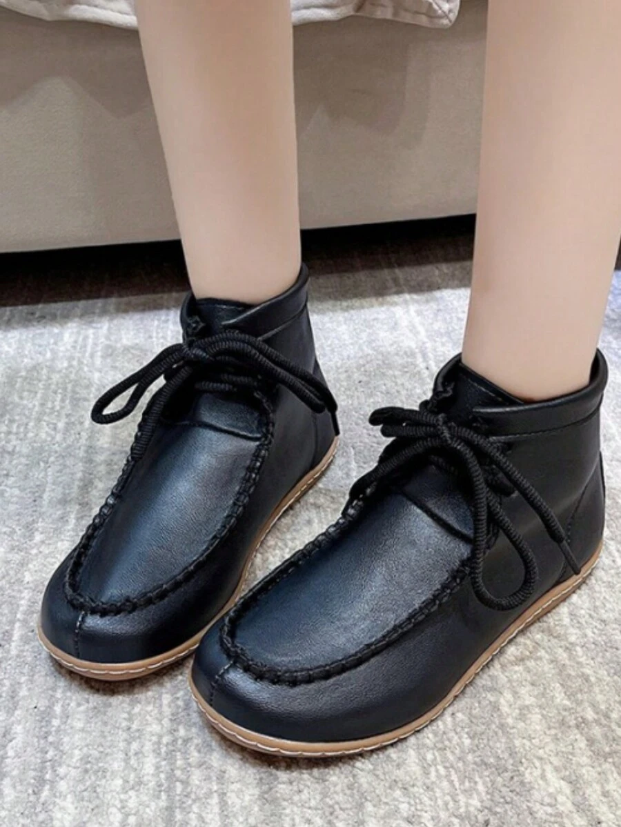 Women's Comfortable Ankle Boots, Casual Stitching Thick Line Round Toe Lace-Up Soft Sole Bohemian Style Black & Apricot Leather Thermal Lined New Boots For Fall Winter - Black - View 1