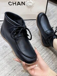 Women's Comfortable Ankle Boots, Casual Stitching Thick Line Round Toe Lace-Up Soft Sole Bohemian Style Black & Apricot Leather Thermal Lined New Boots For Fall Winter - Black - View 3