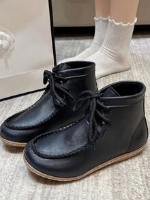 Women's Comfortable Ankle Boots, Casual Stitching Thick Line Round Toe Lace-Up Soft Sole Bohemian Style Black & Apricot Leather Thermal Lined New Boots For Fall Winter - Black - View 5