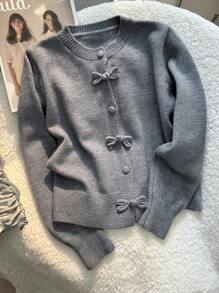 JIANHU Spring Bowknot Knit Cardigan, Cropped Design For Petite Fit, Elegant And Versatile For A Stylish Look - Grey - View 3