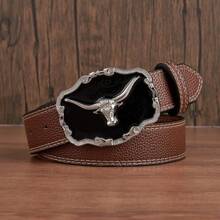 1 pieza Hebilla de metal con cabeza de toro vintage de moda negra para hombre, cinturón estampado en varios colores, accesorio versátil para vaqueros