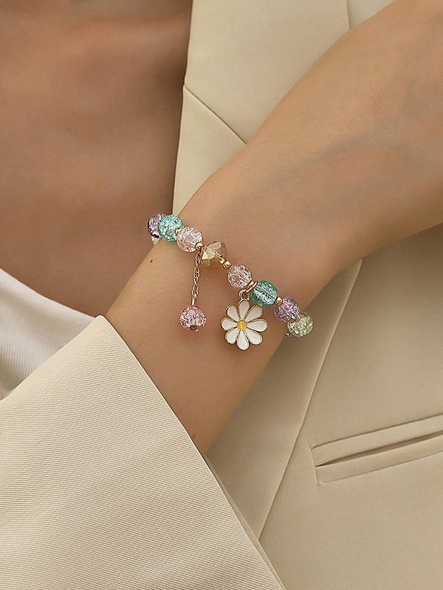 1 chiếc vòng tay đính hạt hoa phong cách Y2K có trang trí hạt thủy tinh - hạt - Xem 1