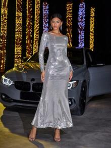 优雅弹力针织镶有亮片露背长袖美人鱼长款晚礼服，正式舞会礼服，适合婚礼嘉宾、毕业典礼、晚宴 - 灰色 - 查看 5