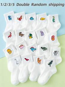 1/2/3/5 双儿童卡通恐龙刺绣休闲中筒袜，多种颜色可选，适合四季，欧洲尺码，透气耐用的优质材料 - 白色 - 查看 1