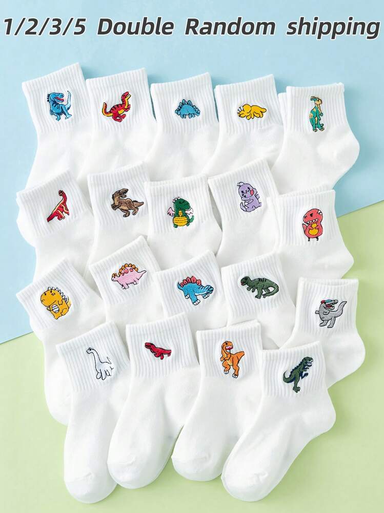1/2/3/5 双儿童卡通恐龙刺绣休闲中筒袜，多种颜色可选，适合四季，欧洲尺码，透气耐用的优质材料 - 白色 - 查看 1