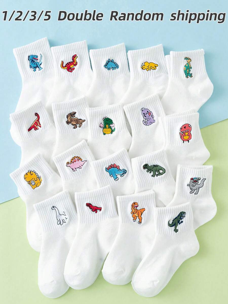 1/2/3/5 双儿童卡通恐龙刺绣休闲中筒袜，多种颜色可选，适合四季，欧洲尺码，透气耐用的优质材料 - 白色 - 查看 1