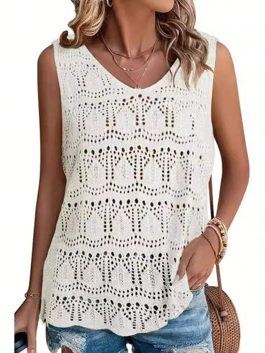 Womens Summer Tank Top For Women 2024 V Neck Crochet Sleeveless Shirts Sweater Vest - 白色 - 查看 1