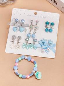 13PCS Girls Color Clip-On Earring Bracelet Accessory Set, Cute Cartoon Butterfly Mermaid Shell Pretend Princess Jewelry No Earring Earring Game Earring Earring Earring Pad, Suitable For Birthday Party Gifts And Daily Use