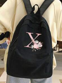 輕盈便攜粉紅色字母花印刷不分男女肩背包戶外運動背包大容量旅行徒步背包帆布袋休閒學校背包手提電腦包拉鍊組織器適用於男女青少年學生上學背包大學生理想選擇，適用於大學，商務，辦公，通勤，戶外，徒步旅行，攀登，體育場，運動會，郊遊，返校，校園背包，大容量，便攜式，適用於青少年女孩，大學生，男孩，小學，中學，高中，工作，商務，通勤，戶外，旅行，郊遊。