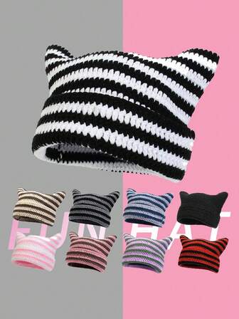 1pc Women's Hat, Korean Style Sweet Cat Ear Striped Knitted Hat With Letter Patch, Suitable For Outdoor Activities In Spring & Autumn For Warmth And Ear Protection Cute
