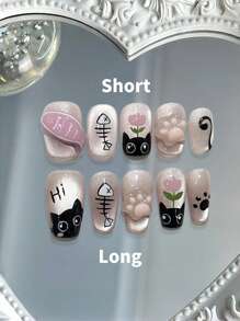 10 件/包可爱手工猫和金鱼图案凝胶指甲贴，短款可佩戴指甲贴套装按压式指甲美甲用品指甲