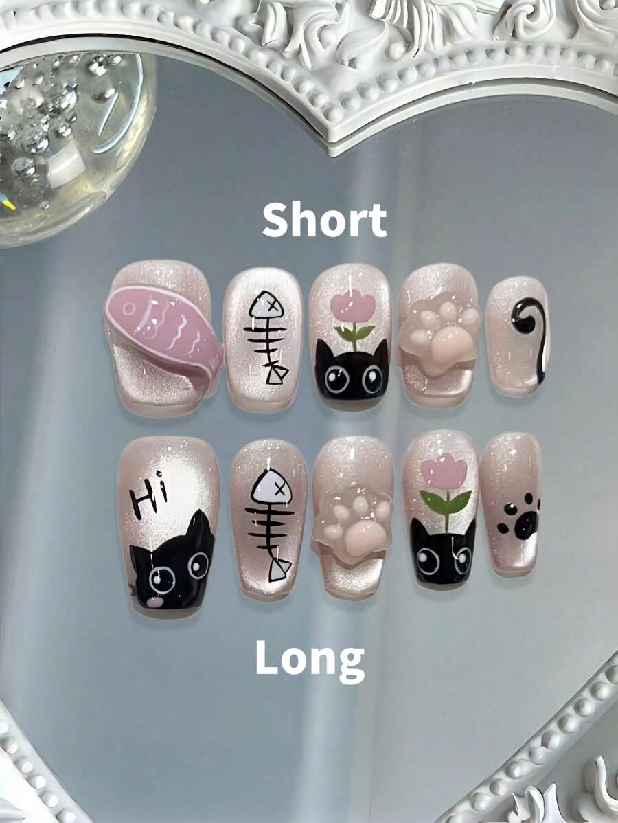 10 件/包可爱手工猫和金鱼图案凝胶指甲贴，短款可佩戴指甲贴套装按压式指甲美甲用品指甲