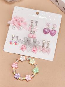 13PCS Girls Color Clip-On Earring Bracelet Accessory Set, Cute Cartoon Butterfly Mermaid Shell Pretend Princess Jewelry No Earring Earring Game Earring Earring Earring Pad, Suitable For Birthday Party Gifts And Daily Use