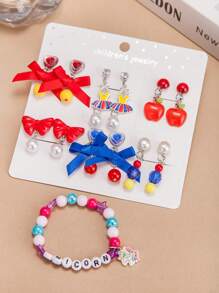 13PCS Girls Color Clip-On Earring Bracelet Accessory Set, Cute Cartoon Butterfly Mermaid Shell Pretend Princess Jewelry No Earring Earring Game Earring Earring Earring Pad, Suitable For Birthday Party Gifts And Daily Use