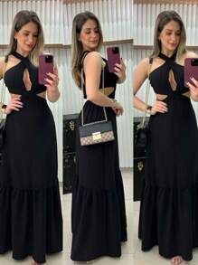 Long Dress In Duna Multiform Model - màu đen - Xem 4