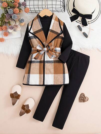 Young Girl Casual Plaid Lapel Sleeveless Long Vest Jacket & Solid Ribbed Turtleneck Long Sleeve Top And Pants Set & Belt