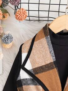 Young Girl Casual Plaid Lapel Sleeveless Long Top Jacket & Solid Ribbed Turtleneck Long Sleeve Top And Pants Set & Belt - Brown - View 4