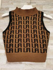 La La La Summer Modal Knit Tank Top Short Knit Blouse - 黑+驼色 - 查看 1