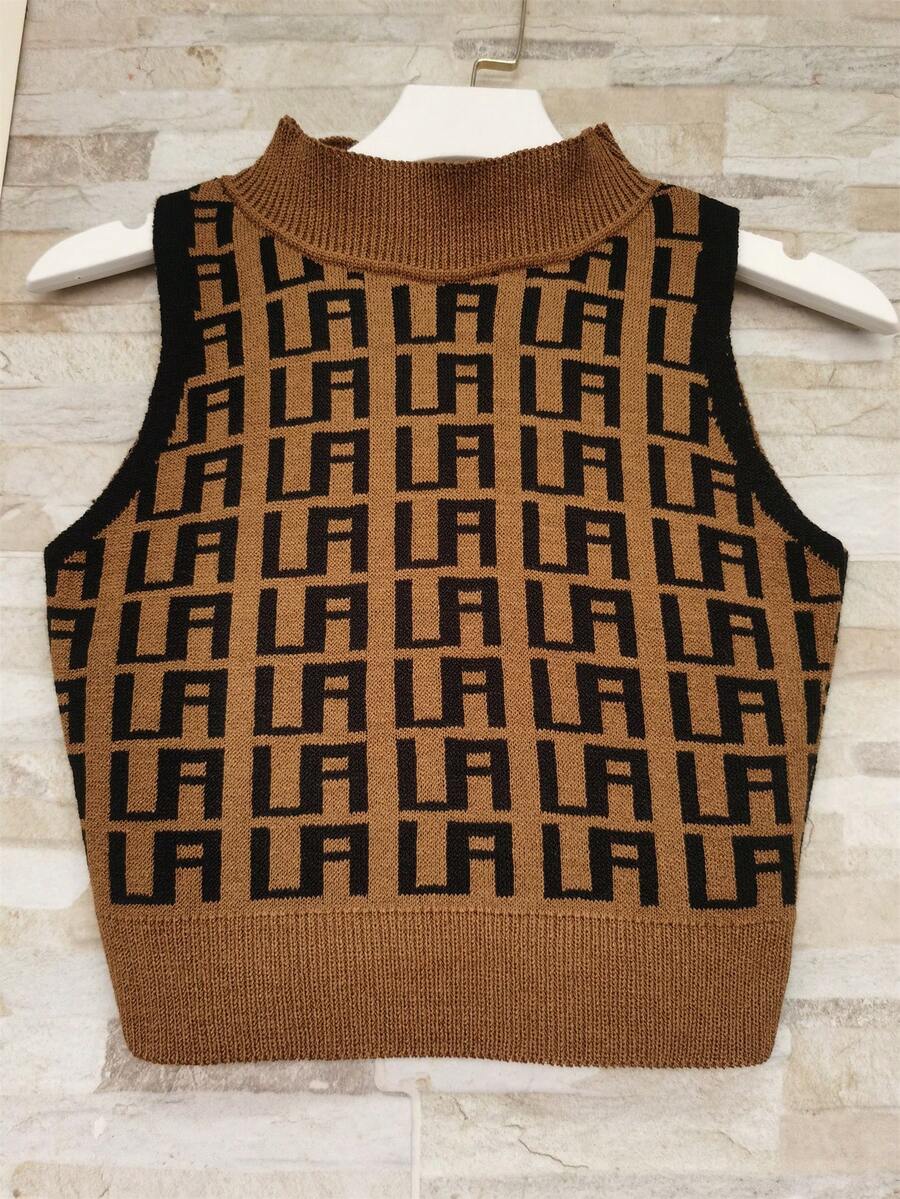 La La La Summer Modal Knit Tank Top Short Knit Blouse - 黑+驼色 - 查看 1