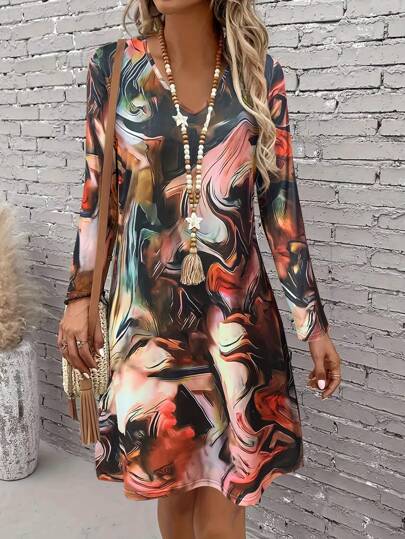 New Graphic Print Pattern Long Sleeve Dress For Women, Autumn/Winter,Women's Custom V-Neck Long Sleeve Dress - Casual Summer Day Dress, Flowy Vacation Outfit, Loose Fit Spring/Summer Dress For Daily Wear,Fashion Holiday Women Midi Dresses