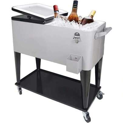 PetGirl Portable Rolling Cooler Ice Chest Cart Trolley For Outdoor Patio Deck Party Beer Cooler Cart Cover 80Quart Qt Rolling Cooler On Wheels Backyard Party Drink Beverage Bar Bottle Opener