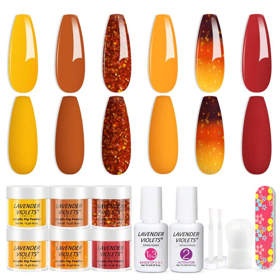 Lavender Violets 6 Farben Acryl-Dip-Pulver-System French Nagelkunst Maniküre Dipping Powder Nagelpuder 2in 1 Basis & Top Coat Aktivator Nagelbürste Nagelfeile M206