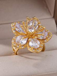 1pc Pink Zirconia Flower Ring, Stainless Steel Gold Color Elegant Adjustable Flower Ring For Women, Luxury Jewelry, Wedding Gift, Valentine's Day Gift, Mother's Day Gift - Yellow Gold - View 3
