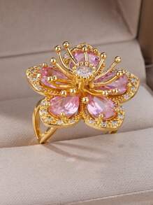 1pc Pink Zirconia Flower Ring, Stainless Steel Gold Color Elegant Adjustable Flower Ring For Women, Luxury Jewelry, Wedding Gift, Valentine's Day Gift, Mother's Day Gift - Yellow Gold - View 4