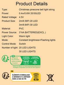 1 dây đèn hình quả thông Giáng sinh, chiều dài 2m/3m, đèn LED dây, phụ kiện trang trí, cảnh nhà hàng/phòng trưng bày, trang trí Giáng sinh, tiệc tùng, Giáng sinh vui vẻ, pin (không bao gồm) hoặc nguồn USB - Màu vàng - Xem 7