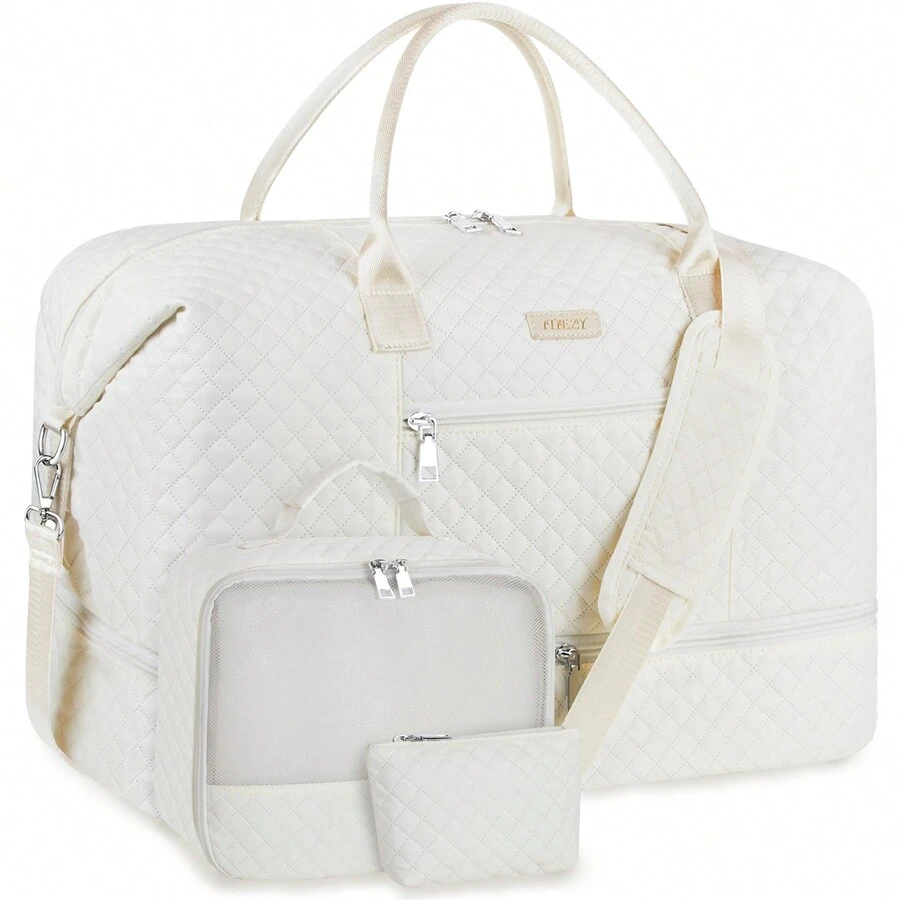 3 件装男女通用周末旅行包，大号旅行袋帆布旅行行李袋手提包带鞋隔层 21 英寸，男女通用旅行包，手提箱，健身包，行李袋，周末行李袋，随身包，大学包，行李袋 - 白色 - 查看 1