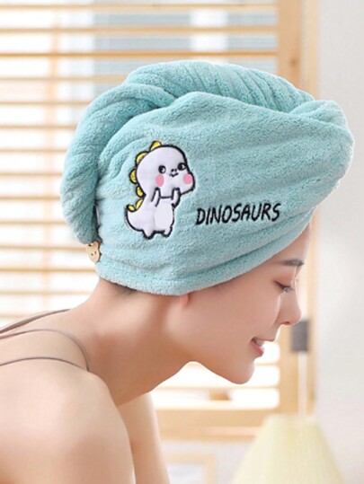 1/2 piezas Toalla de secado de cabello de microfibra de poliéster con bordado de dinosaurio de dibujos animados verde y lindo, absorbente y de secado rápido, turbante suave adecuado para baño, sala de estar, salón, decoración de baño para todas las estaciones, gorro de ducha para salón de belleza, hotel, deportes, artículos esenciales para el hogar