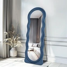 Full Length Mirror Irregular Full Body Mirror Wall Mounted Floor Mirror With Stand Pink Flannel Frame Leaning Hanging Wall Mirror For Bedroom Entrance - 波浪藍色 - 查看 1